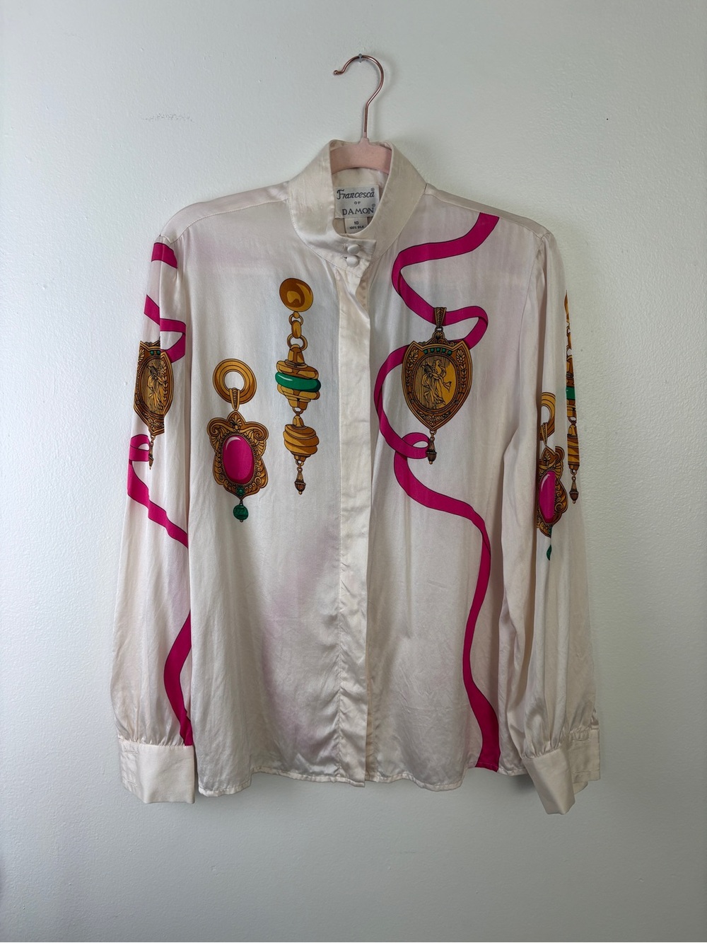VTG 90s Francesca of Damon Cream Silk Blouse with Ribbon Print